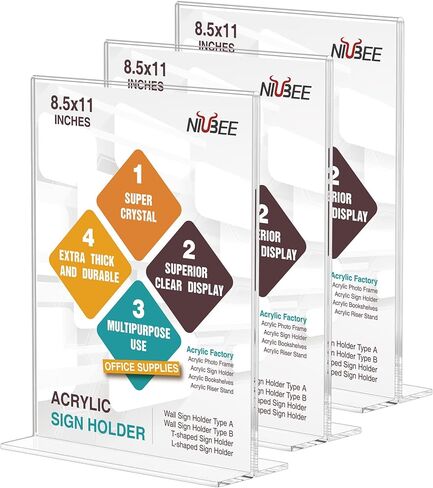 NIUBEE 3 عبوات من حامل اللافتات الأكريليك مقاس 8.5 × 11 - حامل عرض سطح الطاولة مزدوج الجوانب على شكل حرف T، إطار صورة عمودي لقائمة الزفاف وحامل الإعلانات in Saudi Arabia