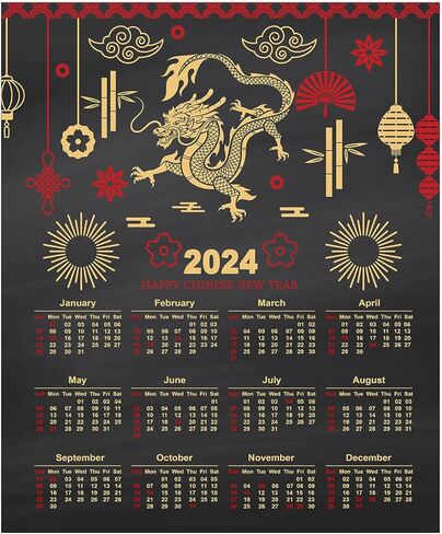 2024 Chinese Calendar, Lunar Year Of The Dragon 11"x14" Red Gold and Black Annual Wall Or Desk At A Glance Planner. Unframed Gift Idea For Friends With Chinese or Asian Ancestry or Office Decor in Kuwait