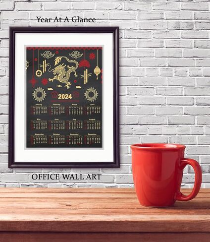 2024 Chinese Calendar, Lunar Year Of The Dragon 11"x14" Red Gold and Black Annual Wall Or Desk At A Glance Planner. Unframed Gift Idea For Friends With Chinese or Asian Ancestry or Office Decor in Kuwait