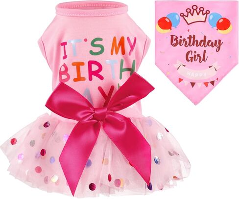 Fuyamp Dog Dresses Dog Birthday Dress, It's My Birthday Cotton Pink Dog Dress with Bandana, Small Dog Birthday Outfit Girl, for Pets Puppy Kitten Polka Dot Lace Tutu in Kuwait