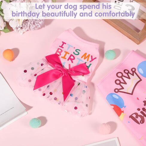 Fuyamp Dog Dresses Dog Birthday Dress, It's My Birthday Cotton Pink Dog Dress with Bandana, Small Dog Birthday Outfit Girl, for Pets Puppy Kitten Polka Dot Lace Tutu in Kuwait