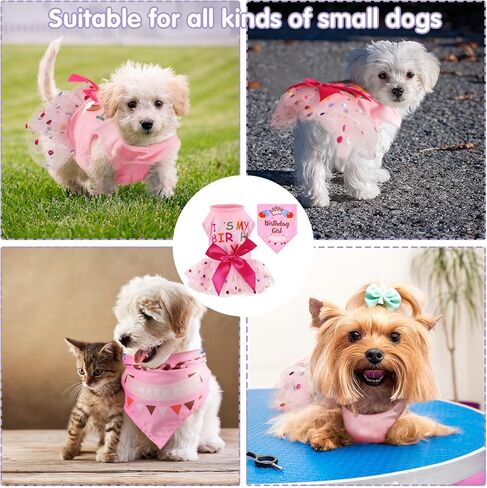 Fuyamp Dog Dresses Dog Birthday Dress, It's My Birthday Cotton Pink Dog Dress with Bandana, Small Dog Birthday Outfit Girl, for Pets Puppy Kitten Polka Dot Lace Tutu in Kuwait