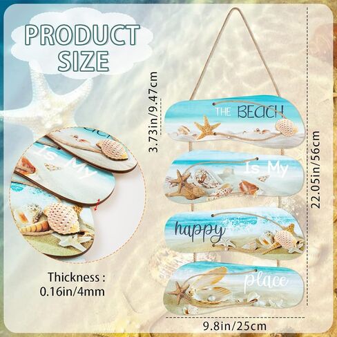 ديكورات حائط لغرفة شاطئ المحيط - 4 قطع The Beach Is My Happy Place لوحات فنية جدارية معلقة علامات خشبية لديكور غرفة المعيشة المنزلية والحمام in Kuwait