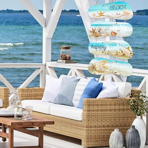 ديكورات حائط لغرفة شاطئ المحيط - 4 قطع The Beach Is My Happy Place لوحات فنية جدارية معلقة علامات خشبية لديكور غرفة المعيشة المنزلية والحمام in Kuwait