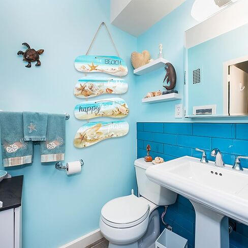 ديكورات حائط لغرفة شاطئ المحيط - 4 قطع The Beach Is My Happy Place لوحات فنية جدارية معلقة علامات خشبية لديكور غرفة المعيشة المنزلية والحمام in Kuwait