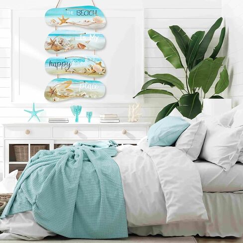 ديكورات حائط لغرفة شاطئ المحيط - 4 قطع The Beach Is My Happy Place لوحات فنية جدارية معلقة علامات خشبية لديكور غرفة المعيشة المنزلية والحمام in Kuwait