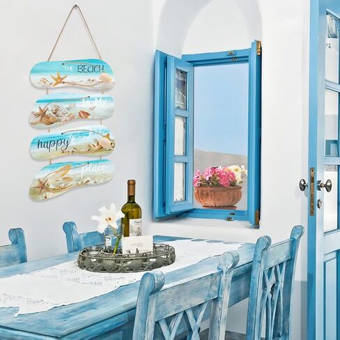 ديكورات حائط لغرفة شاطئ المحيط - 4 قطع The Beach Is My Happy Place لوحات فنية جدارية معلقة علامات خشبية لديكور غرفة المعيشة المنزلية والحمام in Kuwait