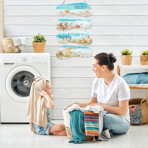 ديكورات حائط لغرفة شاطئ المحيط - 4 قطع The Beach Is My Happy Place لوحات فنية جدارية معلقة علامات خشبية لديكور غرفة المعيشة المنزلية والحمام in Kuwait