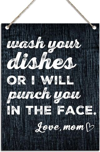 اغسل أطباقك أو سأضربك في وجهك، علامات لوحة خشبية ساخرة مضحكة للمطبخ، معلقة على الحائط لديكور مطبخ المزرعة المنزلية، لافتات مطبخ لطيفة لتزيين الحائط 7.9 × 10.3 بوصة (J643) in Kuwait