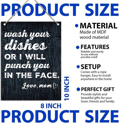 اغسل أطباقك أو سأضربك في وجهك، علامات لوحة خشبية ساخرة مضحكة للمطبخ، معلقة على الحائط لديكور مطبخ المزرعة المنزلية، لافتات مطبخ لطيفة لتزيين الحائط 7.9 × 10.3 بوصة (J643) in Kuwait