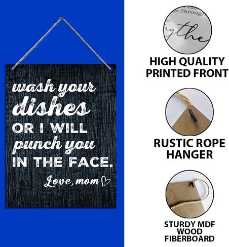 اغسل أطباقك أو سأضربك في وجهك، علامات لوحة خشبية ساخرة مضحكة للمطبخ، معلقة على الحائط لديكور مطبخ المزرعة المنزلية، لافتات مطبخ لطيفة لتزيين الحائط 7.9 × 10.3 بوصة (J643) in Kuwait