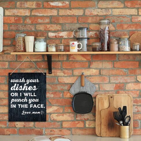 اغسل أطباقك أو سأضربك في وجهك، علامات لوحة خشبية ساخرة مضحكة للمطبخ، معلقة على الحائط لديكور مطبخ المزرعة المنزلية، لافتات مطبخ لطيفة لتزيين الحائط 7.9 × 10.3 بوصة (J643) in Kuwait