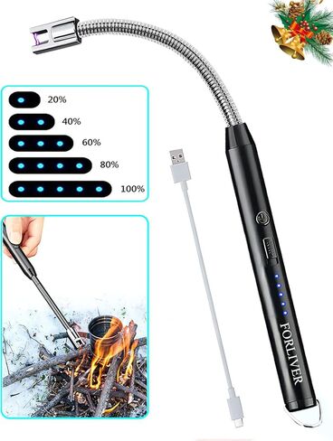 Forliver Candle Lighter, Electric Lighter, Rechargeable Camping Lighter, Arc Windproof Flameless USB Lighter, LED Battery Display, Safety Switch, Longer Flexible Neck Lighter for Kitchen BBQs (Black) in Kuwait