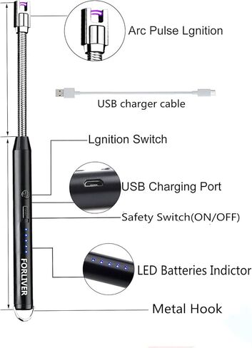 Forliver Candle Lighter, Electric Lighter, Rechargeable Camping Lighter, Arc Windproof Flameless USB Lighter, LED Battery Display, Safety Switch, Longer Flexible Neck Lighter for Kitchen BBQs (Black) in Kuwait