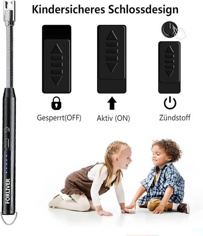 Forliver Candle Lighter, Electric Lighter, Rechargeable Camping Lighter, Arc Windproof Flameless USB Lighter, LED Battery Display, Safety Switch, Longer Flexible Neck Lighter for Kitchen BBQs (Black) in Kuwait