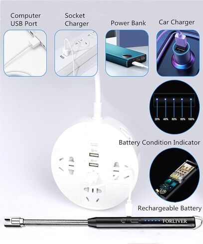 Forliver Candle Lighter, Electric Lighter, Rechargeable Camping Lighter, Arc Windproof Flameless USB Lighter, LED Battery Display, Safety Switch, Longer Flexible Neck Lighter for Kitchen BBQs (Black) in Kuwait