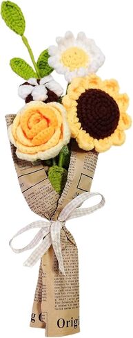 KWQBHW Knitting Crochet Flower Bouquet Handmade Rose Flowers Fake Sunflower Rose Daisy with Green Leaves for DIY Home Table Decor, Blue in Kuwait