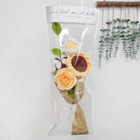 KWQBHW Knitting Crochet Flower Bouquet Handmade Rose Flowers Fake Sunflower Rose Daisy with Green Leaves for DIY Home Table Decor, Blue in Kuwait