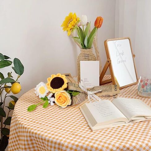 KWQBHW Knitting Crochet Flower Bouquet Handmade Rose Flowers Fake Sunflower Rose Daisy with Green Leaves for DIY Home Table Decor, Blue in Kuwait