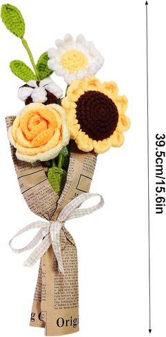 KWQBHW Knitting Crochet Flower Bouquet Handmade Rose Flowers Fake Sunflower Rose Daisy with Green Leaves for DIY Home Table Decor, Blue in Kuwait