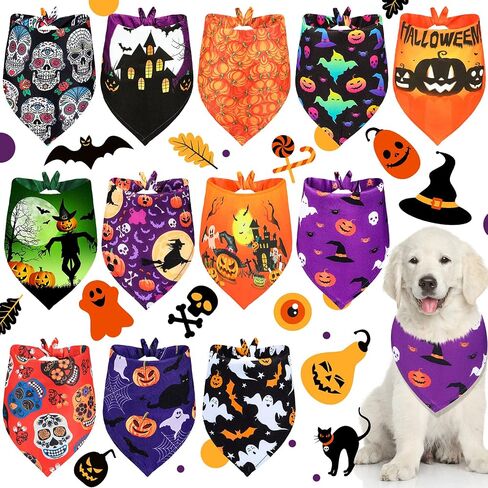 12 Pieces Halloween Dogs Bandanas Adjustable Triangle Bandana with Bat Ghost Pumpkin Patterns for Halloween Puppy Cat Costume PET Apparel Accessories (Pumpkin and Ghost) in Saudi Arabia