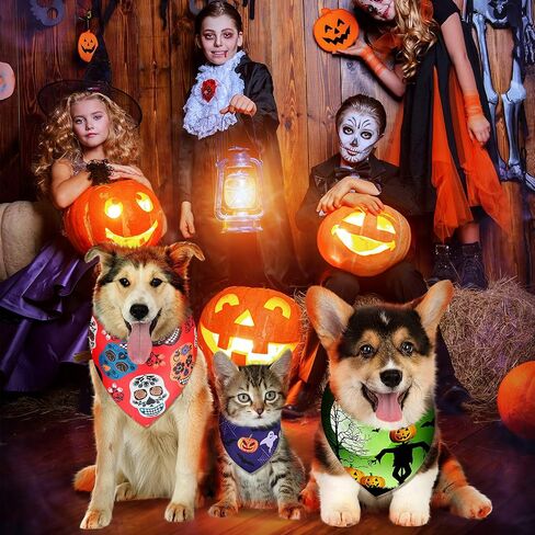 12 Pieces Halloween Dogs Bandanas Adjustable Triangle Bandana with Bat Ghost Pumpkin Patterns for Halloween Puppy Cat Costume PET Apparel Accessories (Pumpkin and Ghost) in Saudi Arabia