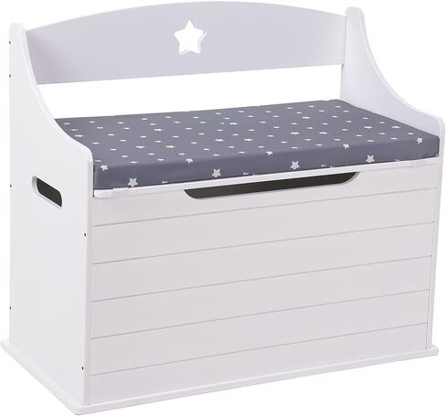 صندوق العاب خشبي مع مقعد جلوس، صندوق العاب اطفال ابيض مع غطاء مفصلي امان، خزانة تخزين كبيرة مع مقعد وسادة، منظم تخزين الالعاب، هدية للبنات والاولاد in Kuwait