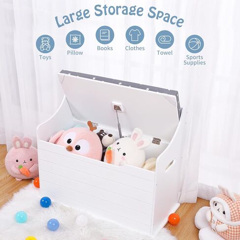 صندوق العاب خشبي مع مقعد جلوس، صندوق العاب اطفال ابيض مع غطاء مفصلي امان، خزانة تخزين كبيرة مع مقعد وسادة، منظم تخزين الالعاب، هدية للبنات والاولاد in Kuwait