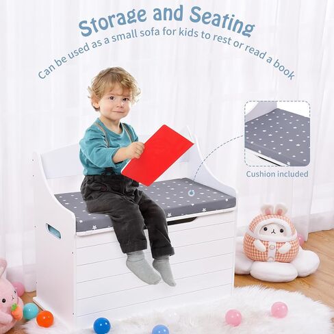 صندوق العاب خشبي مع مقعد جلوس، صندوق العاب اطفال ابيض مع غطاء مفصلي امان، خزانة تخزين كبيرة مع مقعد وسادة، منظم تخزين الالعاب، هدية للبنات والاولاد in Kuwait
