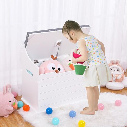 صندوق العاب خشبي مع مقعد جلوس، صندوق العاب اطفال ابيض مع غطاء مفصلي امان، خزانة تخزين كبيرة مع مقعد وسادة، منظم تخزين الالعاب، هدية للبنات والاولاد in Kuwait