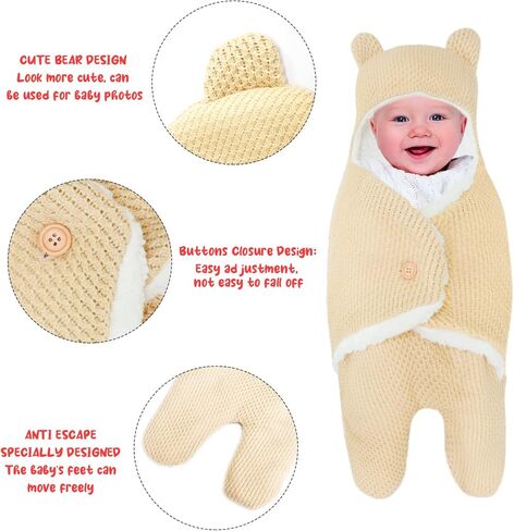 Baby Swaddle Blanket, Soft Plush Newborn Swaddle Wrap Baby Blankets, Cute Bear Unisex Baby Sleeping Bag for 0-6 Months Baby in Kuwait