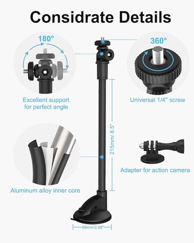 Gooseneck Suction Cup Camera Car Mount, Aozcu Vehicle Windshield Window Camera Holder with Super Sticky Sucker for GoPro Hero 10 9 8 7 6 Black 5 Session, AKASO EK700, Dash Cam and More Action Cameras in Kuwait