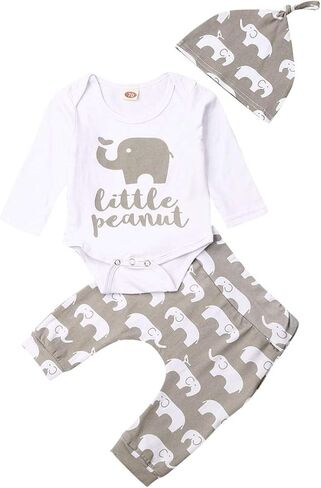 Rarjuiey 3Pcs Newborn Baby Boy Girl Elephant Outfits Long Sleeve Little Peanut Romper Bodysuit+Pants+Hat in Kuwait