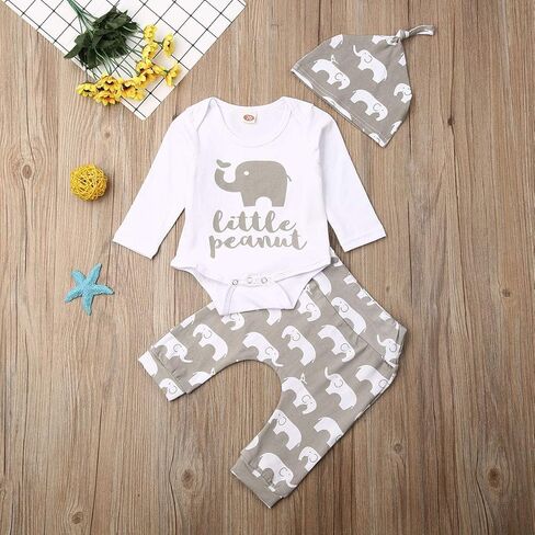 Rarjuiey 3Pcs Newborn Baby Boy Girl Elephant Outfits Long Sleeve Little Peanut Romper Bodysuit+Pants+Hat in Kuwait