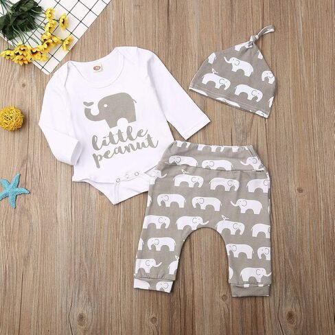 Rarjuiey 3Pcs Newborn Baby Boy Girl Elephant Outfits Long Sleeve Little Peanut Romper Bodysuit+Pants+Hat in Kuwait
