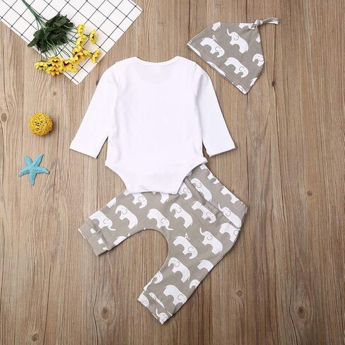 Rarjuiey 3Pcs Newborn Baby Boy Girl Elephant Outfits Long Sleeve Little Peanut Romper Bodysuit+Pants+Hat in Kuwait