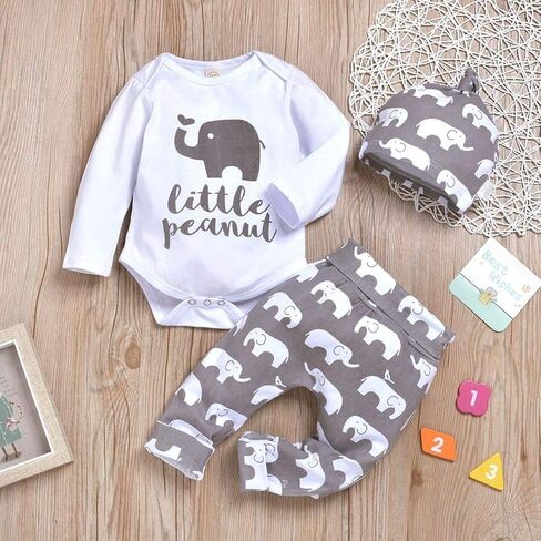 Rarjuiey 3Pcs Newborn Baby Boy Girl Elephant Outfits Long Sleeve Little Peanut Romper Bodysuit+Pants+Hat in Kuwait