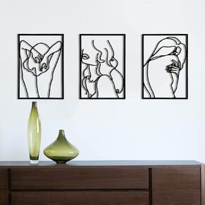 Hananona 3 Pcs Wall Sculptures Black Wall Decor, Thick Real Metal Female Boby Shaped Single Line Minimalist Wall Art, Metal Wall Art Decor, Modern Abstract Female Body Single Line