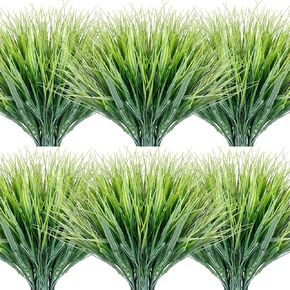 XEOLIAN Artificial Grasses 16 Bundles Outdoor UV Resistant Fake Bright Grass No Fade Faux Plastic Greenery Shrubs Garden Porch Window Box Decorating(Green Grass)