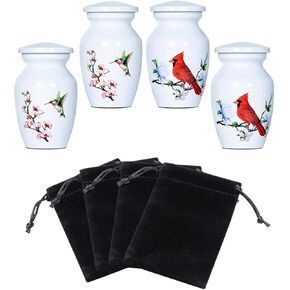 Small White Keepsake Urns for Human Ashes or Pet Ashes, Set of 4 (2 Hummingbird and 2 Cardinal), Hard Metal Cremation Urns, Mini Funeral Urns, with 4 Velvet Bags, by Icokee in Kuwait