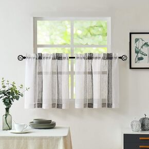 سنترال بارك أبيض وأسود نافذة المطبخ الستار طبقات عمودي شريط شير بوكل الكتان نافذة الستار، غرفة المعيشة ديكور قضيب جيب ريفي المعيشة 2 لوحات (28 "ث × 24" ل) in Kuwait