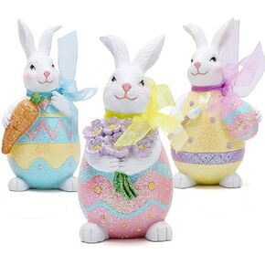 Hodao Set of 3 Easter Bunny Egg Decorations Spring Easter Rabbit Decors Figurines Tabletopper Decorations for Party Home Holiday Cute Rabbit Easter Day Decorations