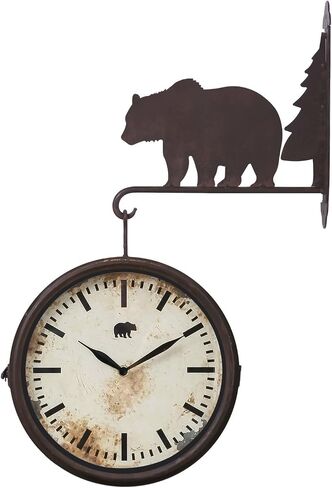 NIKKY HOME Bear Clock Double Sided Wall Clock Cabin Home Decor Rustic Forest Farmhouse Vintage Metal Cute Hanging Large Clock Nature Animal Decorative Gift for Living Room Bedroom Kitchen, Brown Bear in Saudi Arabia