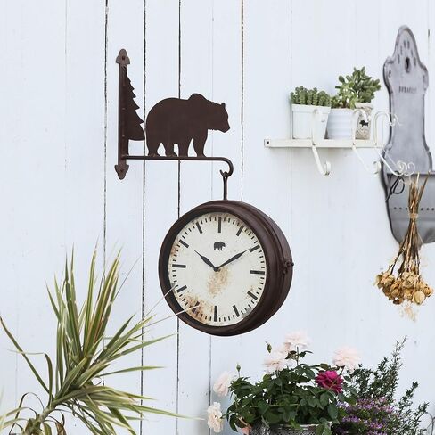 NIKKY HOME Bear Clock Double Sided Wall Clock Cabin Home Decor Rustic Forest Farmhouse Vintage Metal Cute Hanging Large Clock Nature Animal Decorative Gift for Living Room Bedroom Kitchen, Brown Bear in Saudi Arabia