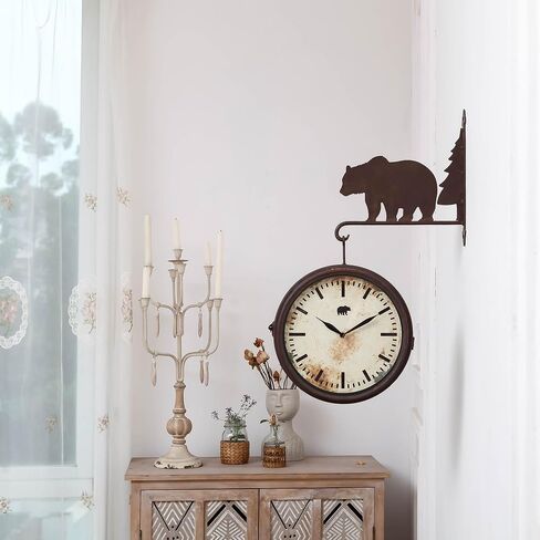 NIKKY HOME Bear Clock Double Sided Wall Clock Cabin Home Decor Rustic Forest Farmhouse Vintage Metal Cute Hanging Large Clock Nature Animal Decorative Gift for Living Room Bedroom Kitchen, Brown Bear in Saudi Arabia