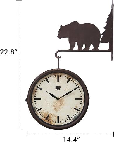 NIKKY HOME Bear Clock Double Sided Wall Clock Cabin Home Decor Rustic Forest Farmhouse Vintage Metal Cute Hanging Large Clock Nature Animal Decorative Gift for Living Room Bedroom Kitchen, Brown Bear in Saudi Arabia