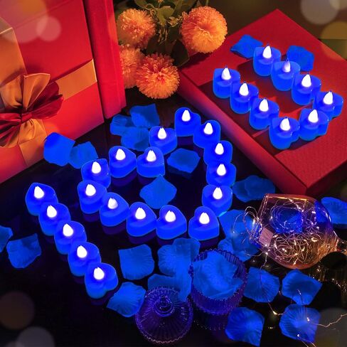 4000 قطعة من بتلات الورد الاصطناعية من VIHOSE مع 24 قطعة من شموع شموع LED عديمة اللهب، شموع LED عديمة اللهب، بتلات ورد وهمية لليلة زفاف عيد الحب (الضوء الأزرق، بتلات زرقاء) in Saudi Arabia