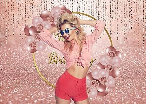 ارتفع الذهب عيد ميلاد سعيد خلفية الوردي ارتفع الذهب الزهور بالون ارتفع الذهب خوخه التصوير خلفية المرأة الحلو الأميرة فتاة 16th 30 عيد ميلاد حزب الحلوى كعكة الجدول ديكور الدعائم 7x5ft in Saudi Arabia