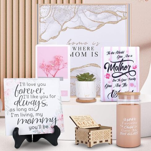 AEUEFUEA Christmas Gifts Set for Mom - Birthday Gift Basket Boxes for Mom From Daughter or Son, Includes Decorative Tile, Wind-up Music Box, Bamboo Lid Glass for Her Who Have Everything 2023 Xmas in Saudi Arabia