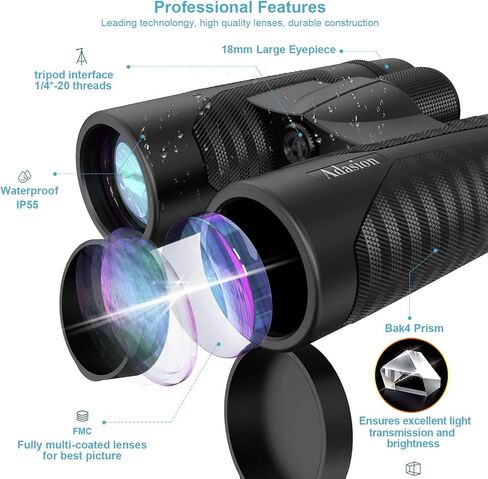 Adasion Adult Binoculars, 12 x 42, with Mobile Phone Adapter, 18 mm Large Viewing Lens and Super Bright, Waterproof Binoculars for Bird Watching, Hunting, Sports, with Tripod and Smartphone Adapter in Kuwait